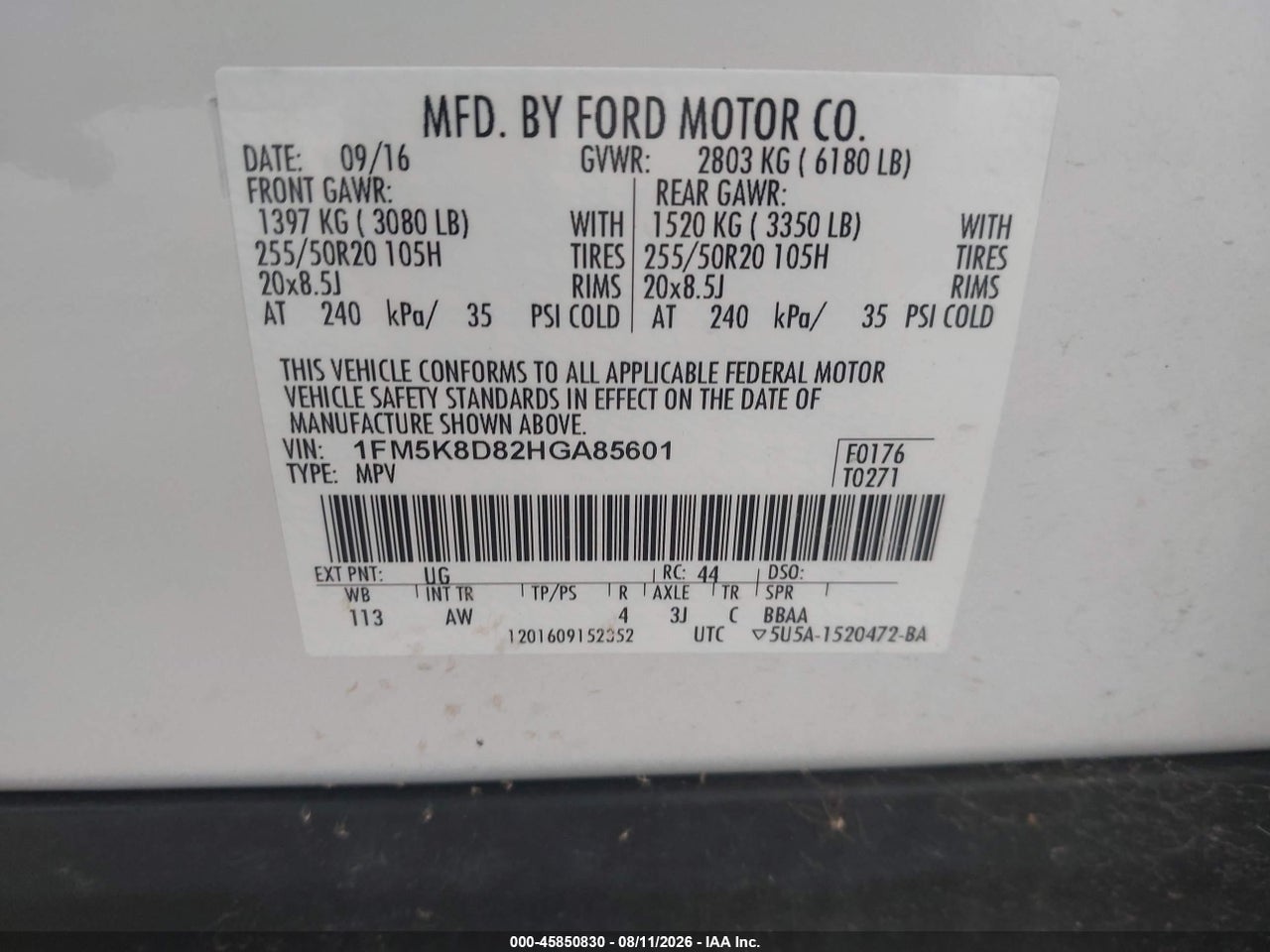 1FM5K8D82HG****** · 2017 FORD EXPLORER XLT · 9/11