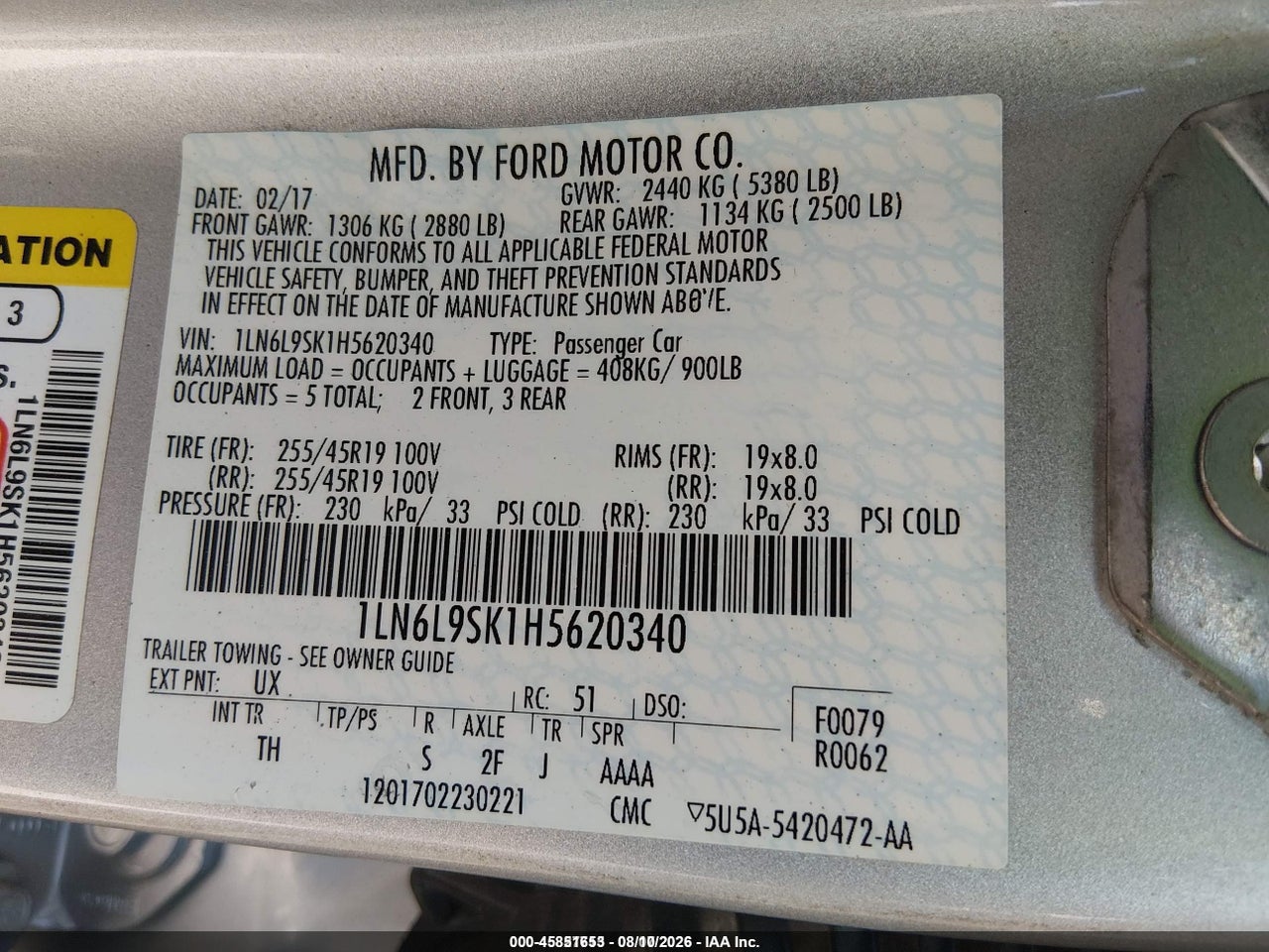 1LN6L9SK1H5****** · 2017 LINCOLN CONTINENTAL SELECT · 9/11