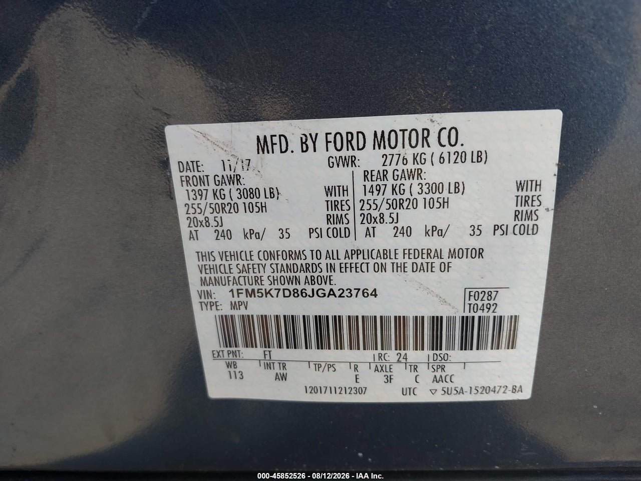 1FM5K7D86JG****** · 2018 FORD EXPLORER XLT · 9/11