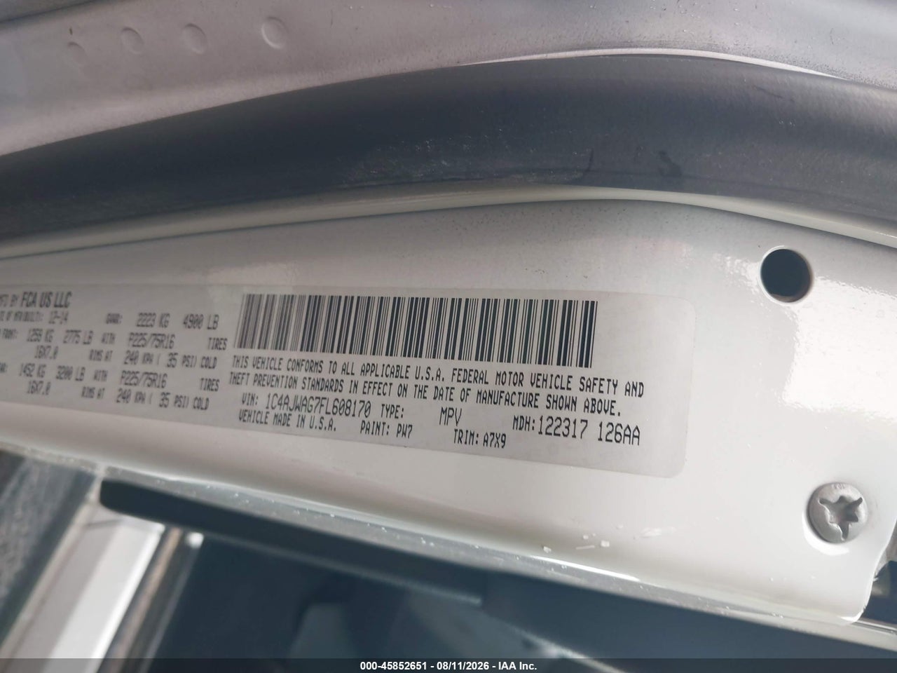 1C4AJWAG7FL****** · 2015 JEEP WRANGLER SPORT · 9/11
