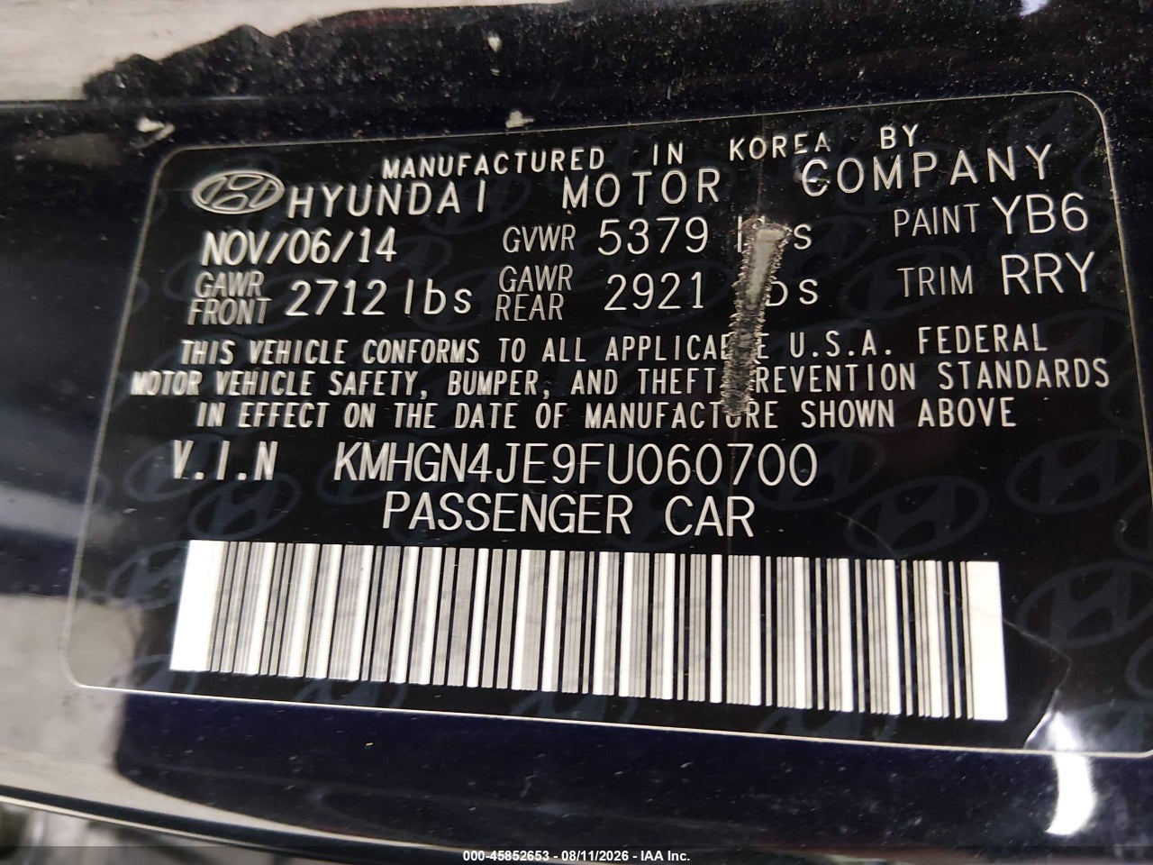 KMHGN4JE9FU****** · 2015 HYUNDAI GENESIS 3.8 · 9/11