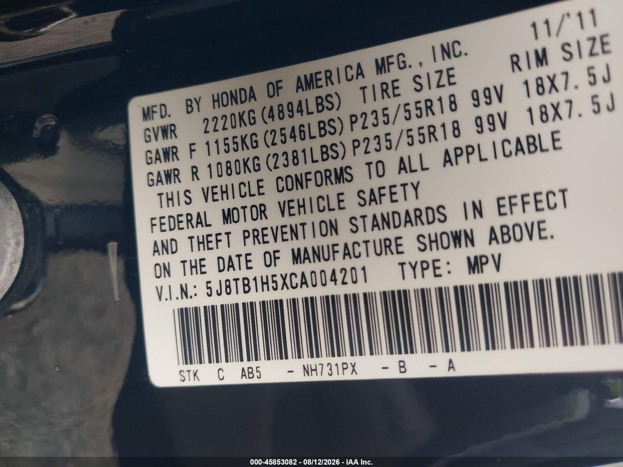 5J8TB1H5XCA****** · 2012 ACURA RDX   · 9/11