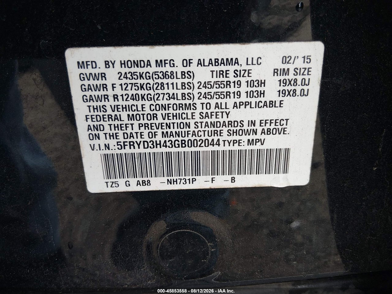 5FRYD3H43GB****** · 2016 ACURA MDX TECHNOLOGY   ACURAWATCH PLUS PACKAGES/TECHNOLOGY PACKAGE · 9/11
