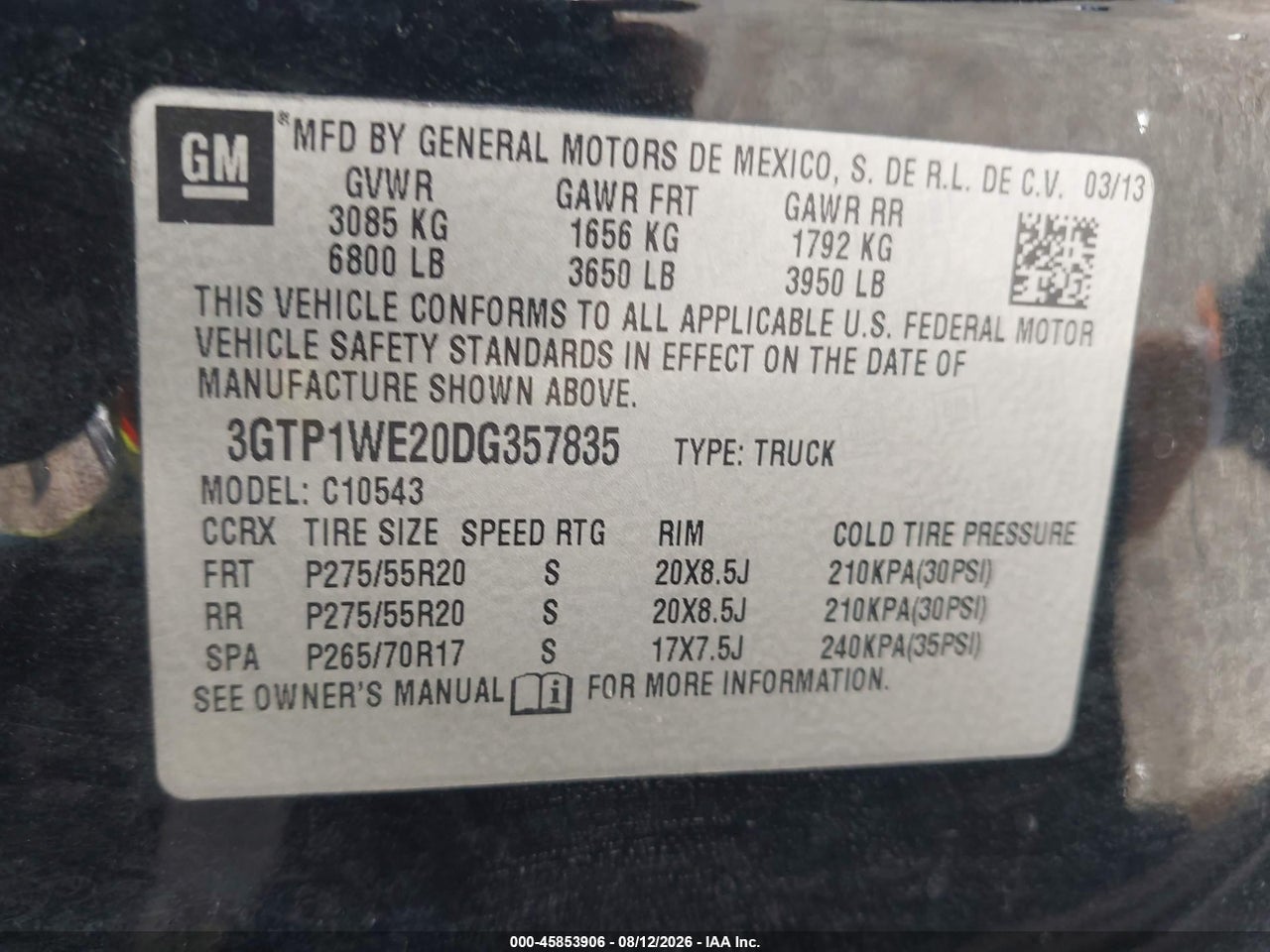 3GTP1WE20DG****** · 2013 GMC SIERRA 1500 SLT · 9/11