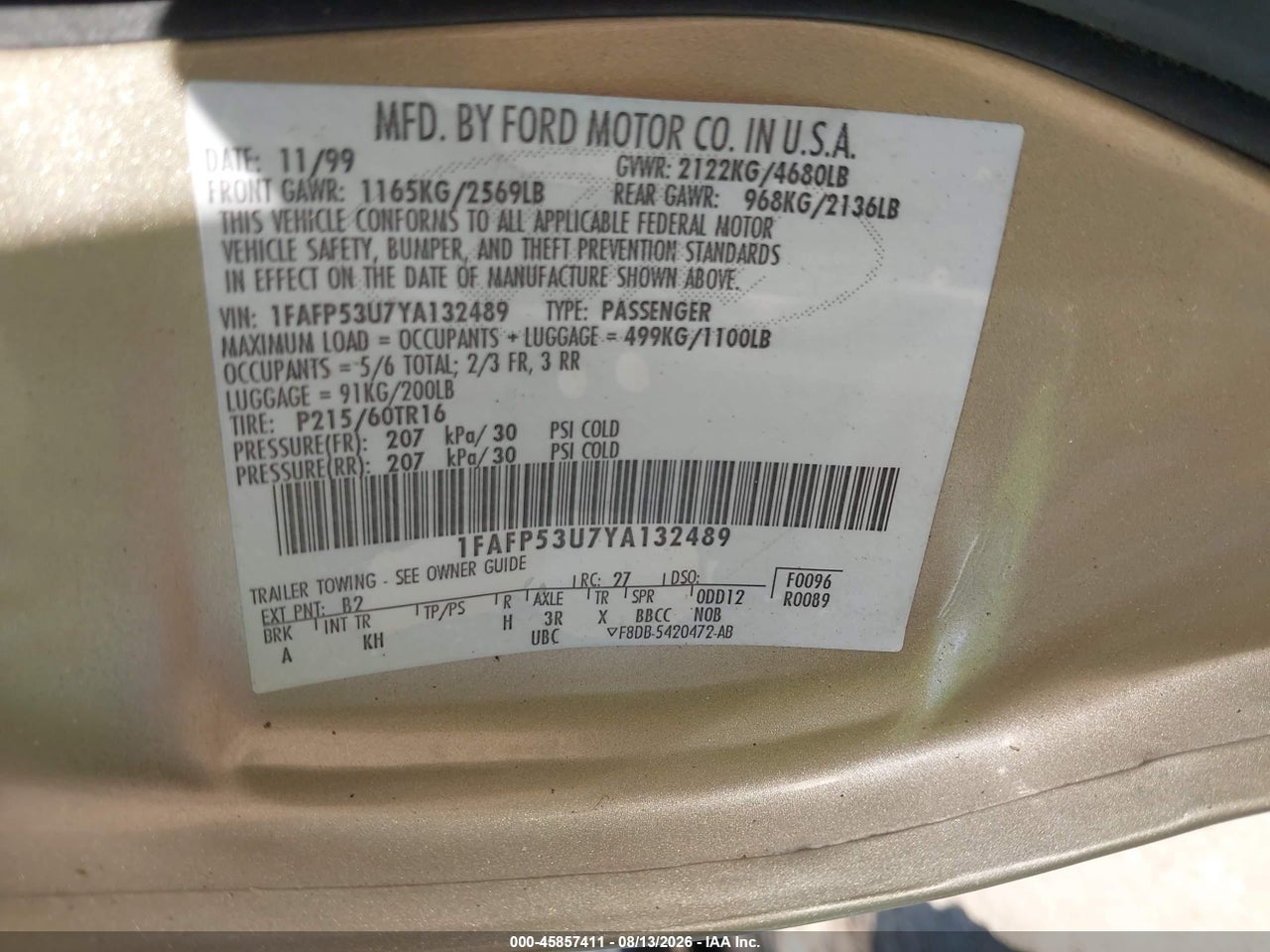 1FAFP53U7YA****** · 2000 FORD TAURUS SE · 9/11