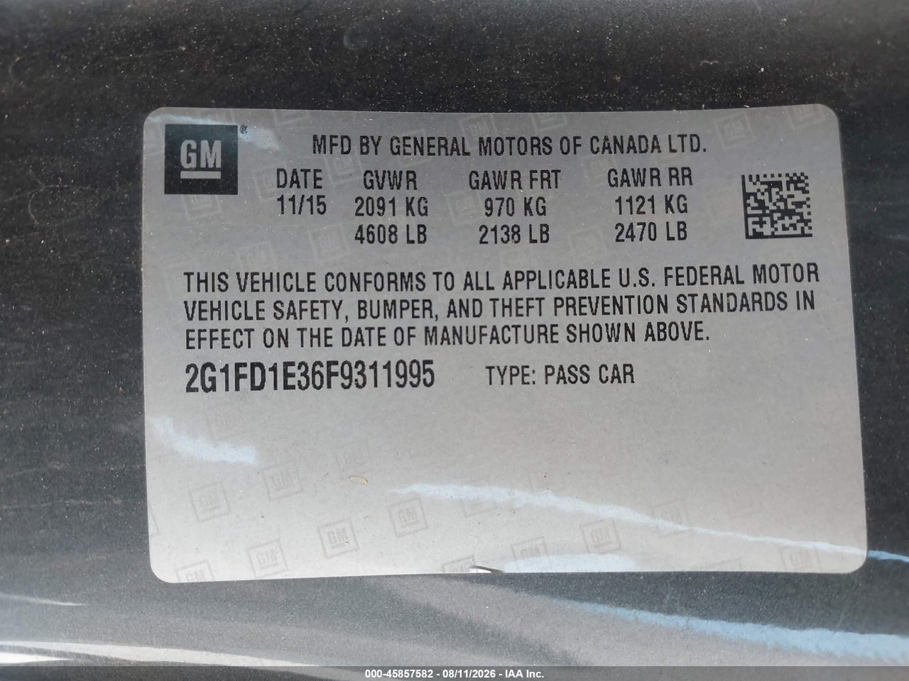 2G1FD1E36F9****** · 2015 CHEVROLET CAMARO 1LT · 9/11