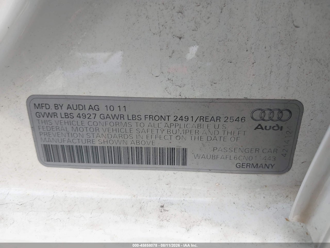 WAUBFAFL6CN****** · 2012 AUDI A4 2.0T PREMIUM · 9/11