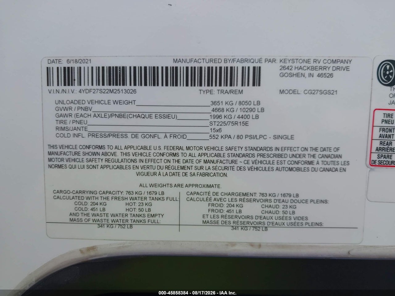 4YDF27S22M2****** · 2021 KEYSTONE OTHER   · 9/11
