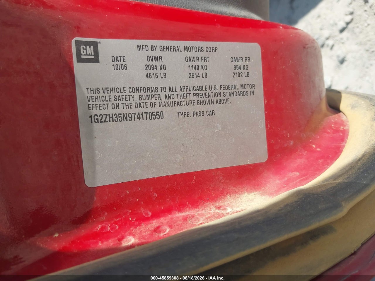 1G2ZH35N974****** · 2007 PONTIAC G6 GT · 9/11