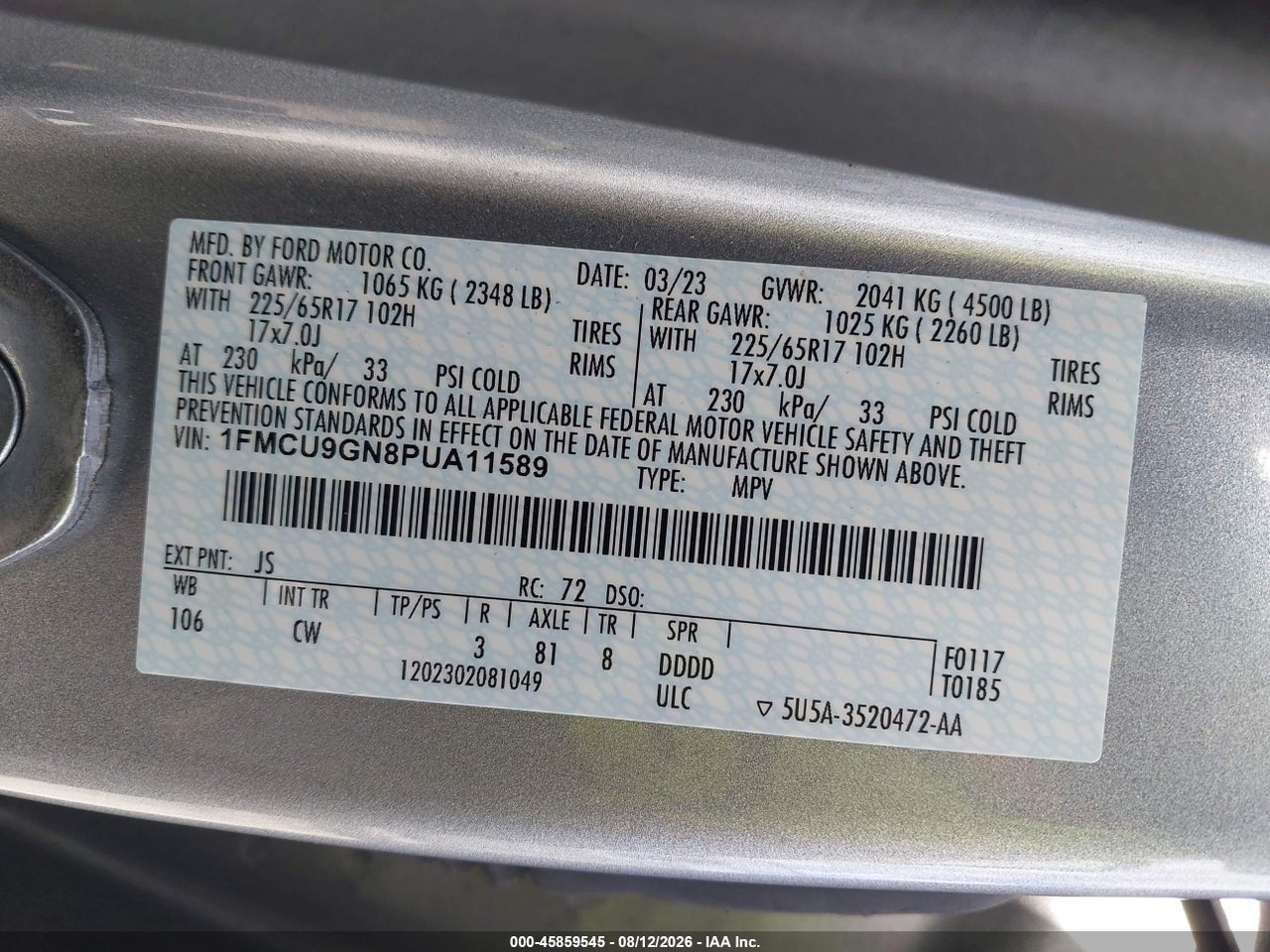 1FMCU9GN8PU****** · 2023 FORD ESCAPE ACTIVE · 9/11
