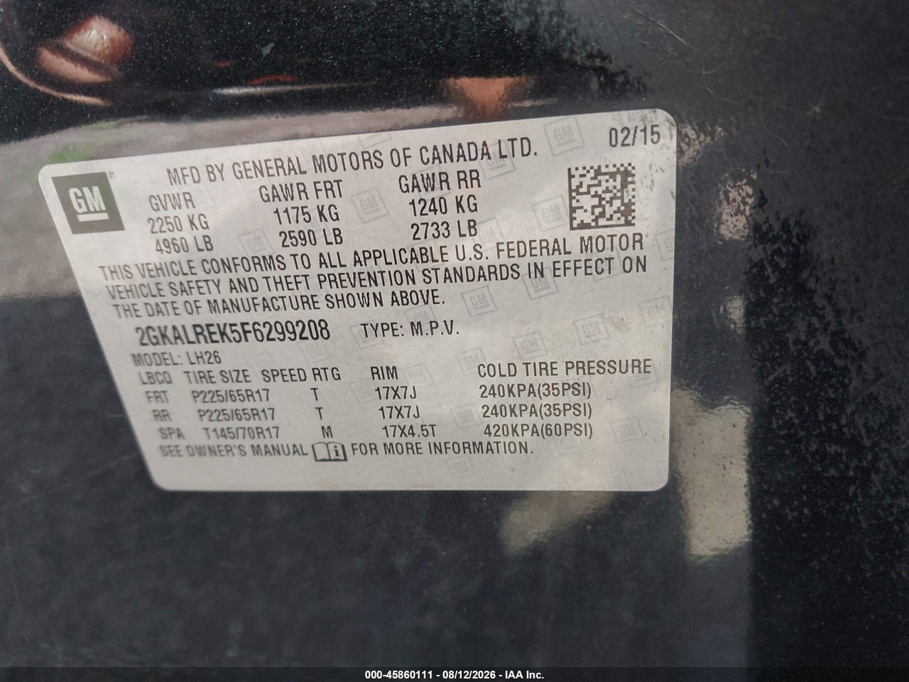 2GKALREK5F6****** · 2015 GMC TERRAIN SLE-2 · 9/11