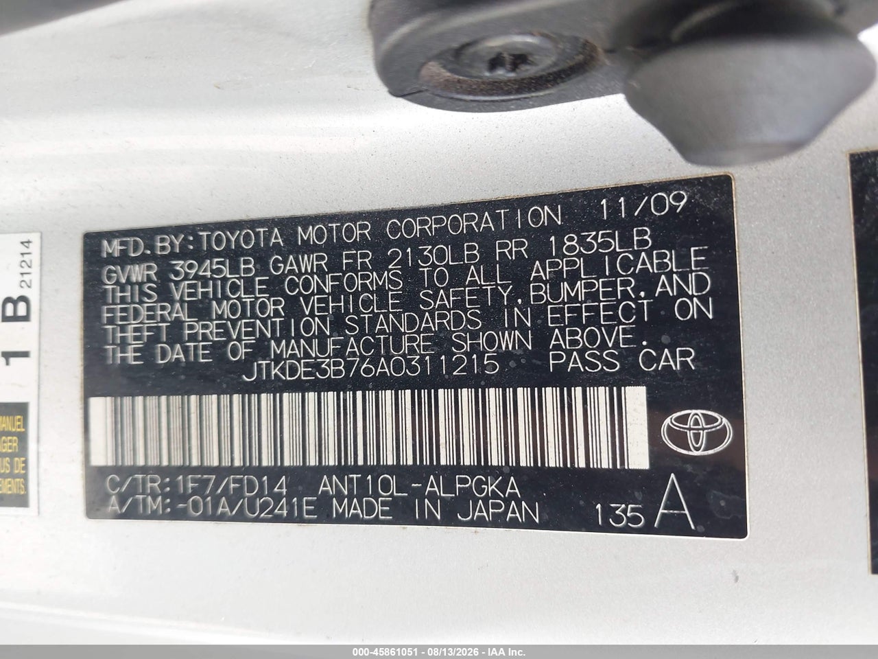 JTKDE3B76A0****** · 2010 SCION TC   · 9/11