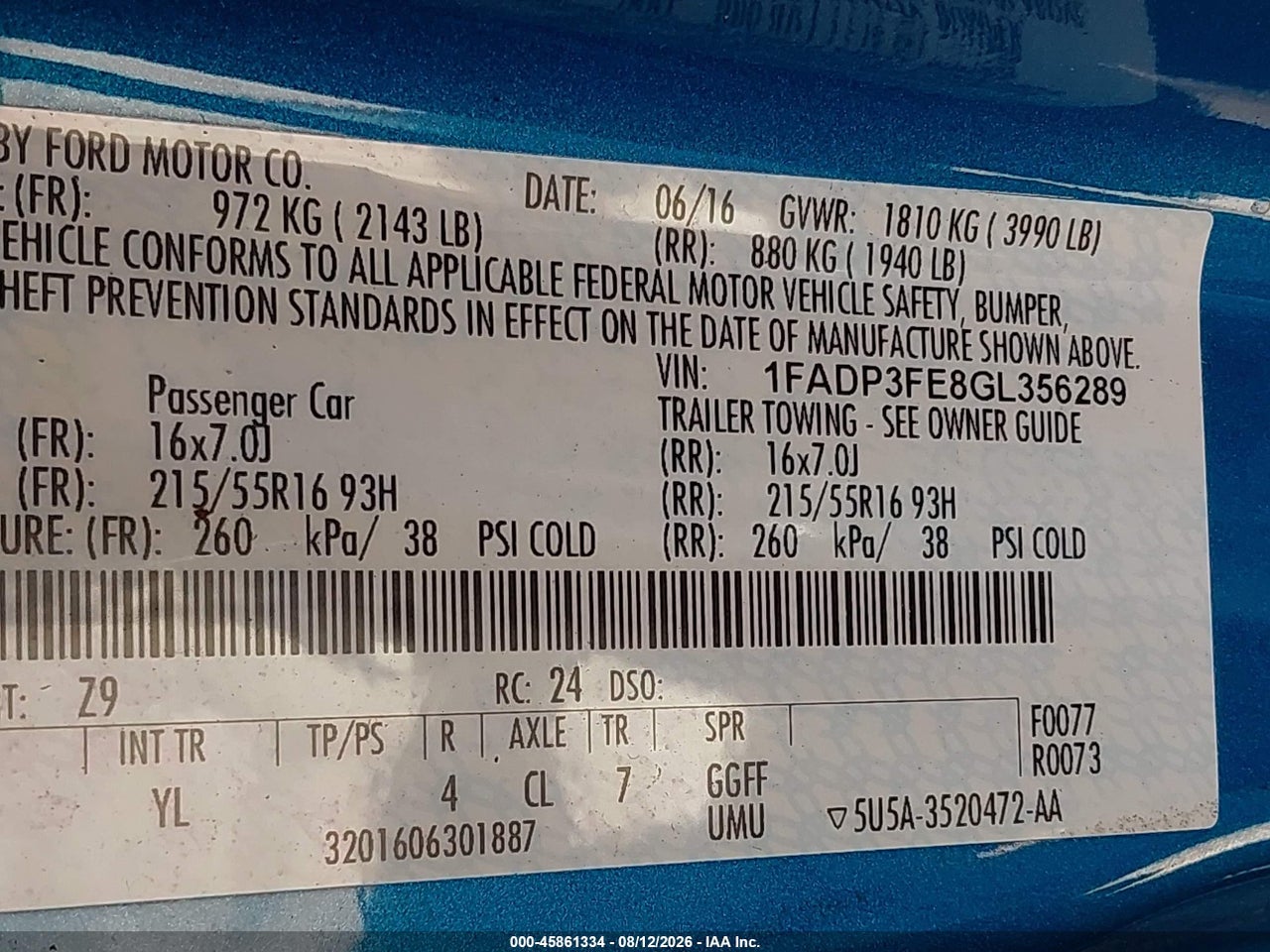 1FADP3FE8GL****** · 2016 FORD FOCUS SE · 9/11