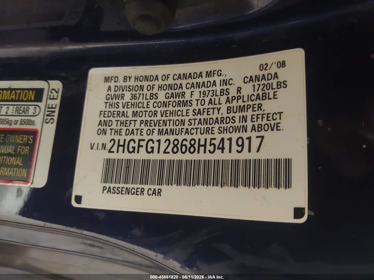 2008 HONDA CIVIC EX · 9/11