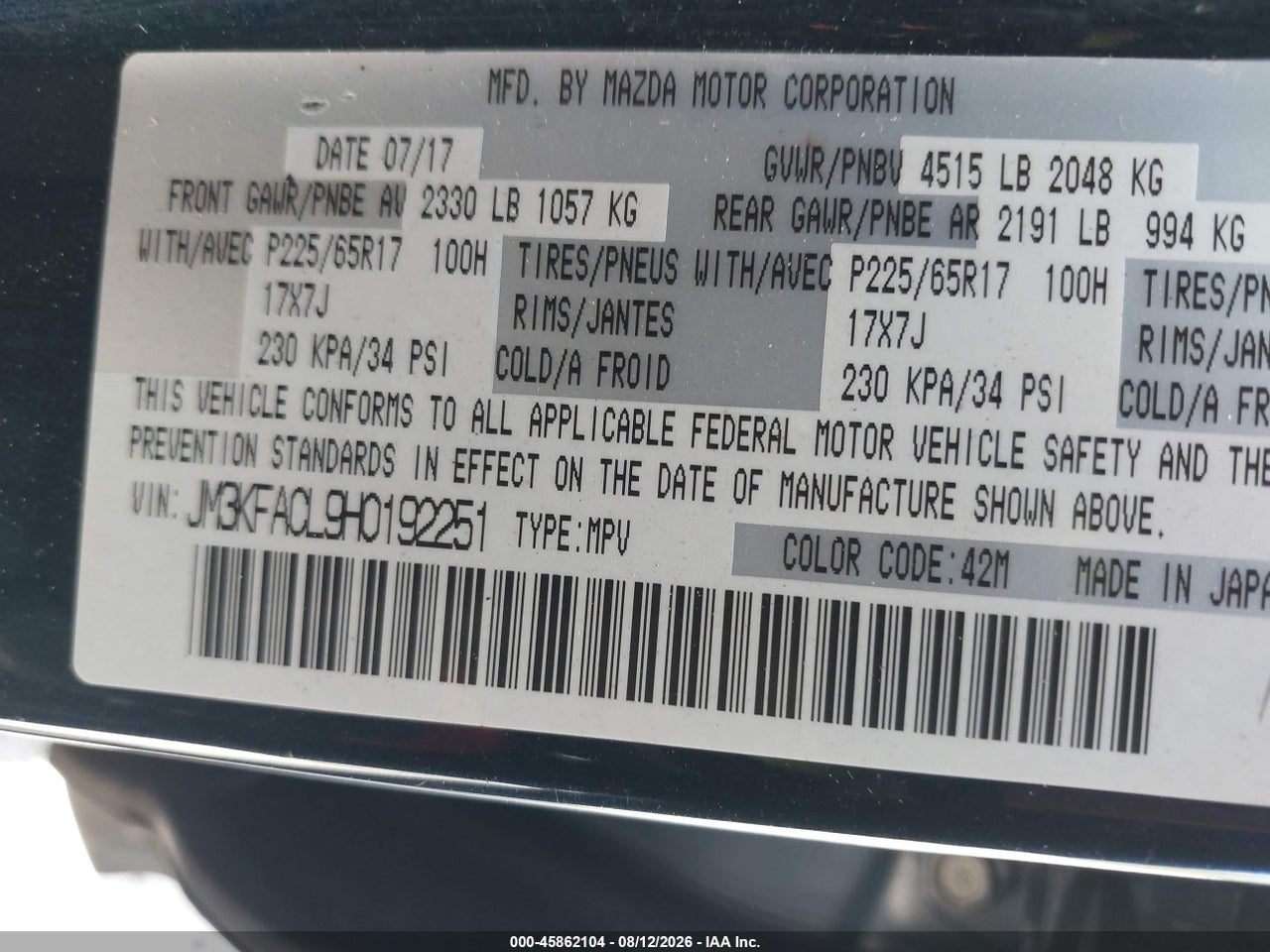 JM3KFACL9H0****** · 2017 MAZDA CX-5 TOURING · 9/11