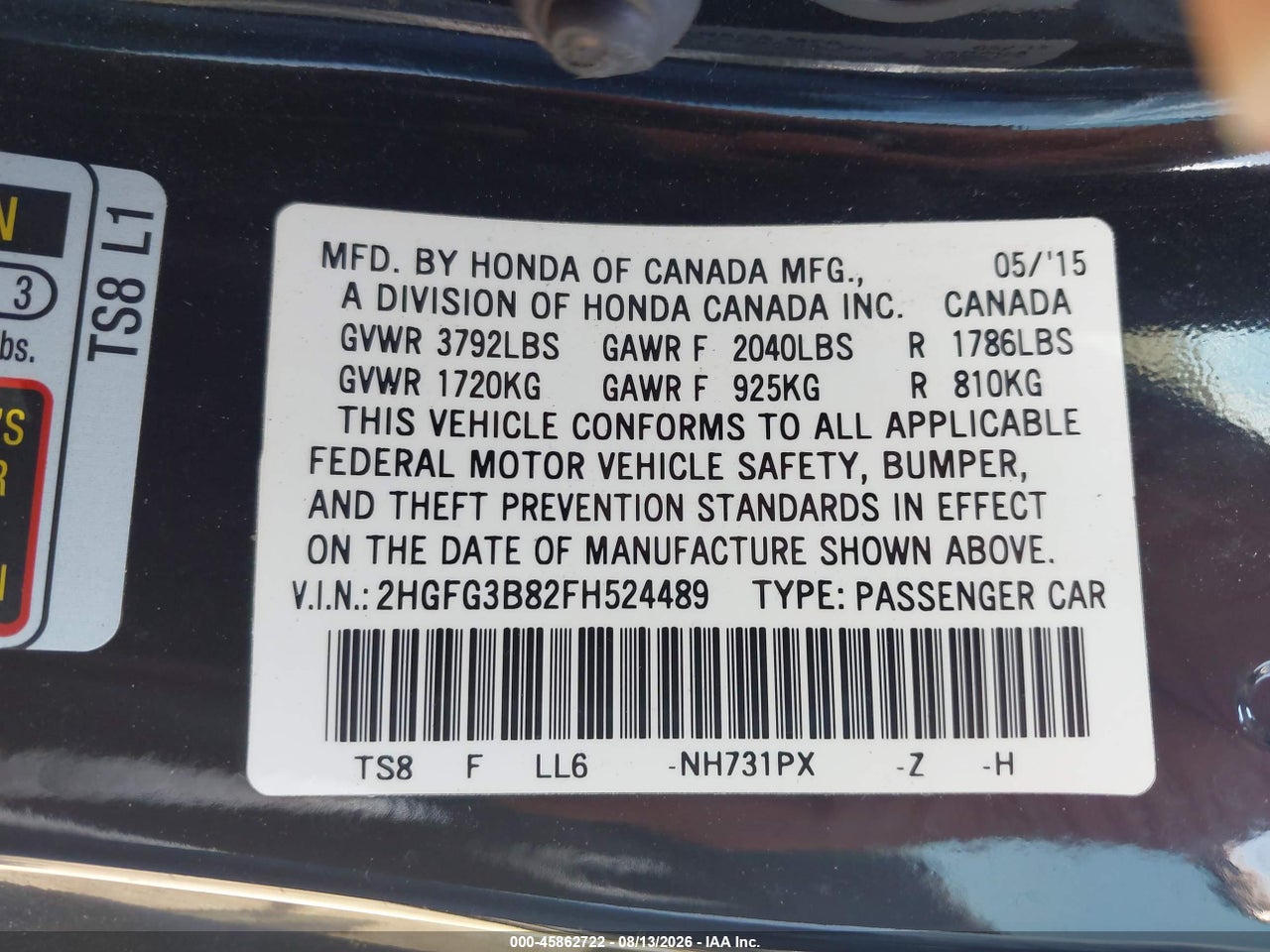 2HGFG3B82FH****** · 2015 HONDA CIVIC EX · 9/11
