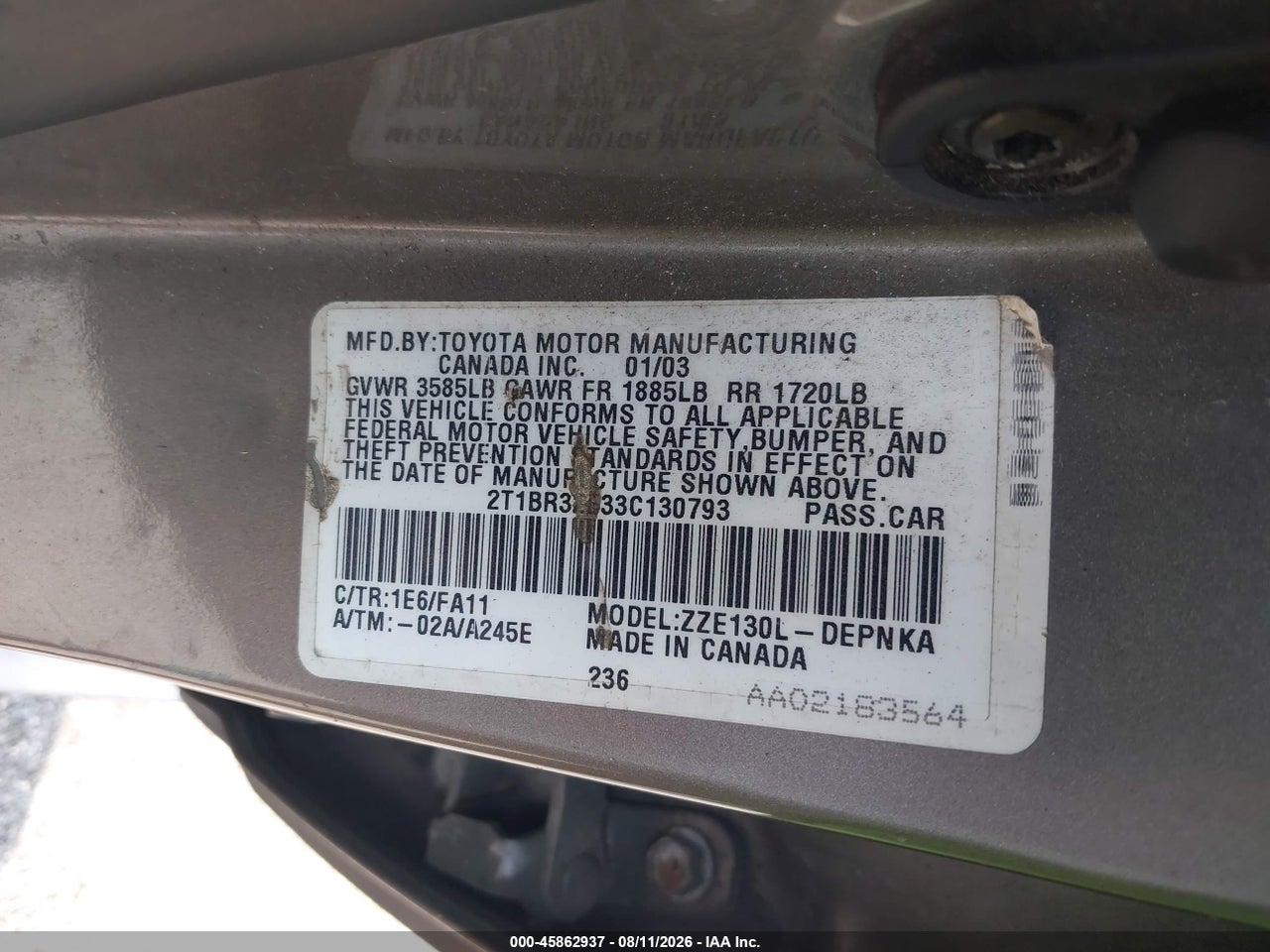 2T1BR32E33C****** · 2003 TOYOTA COROLLA LE · 9/11