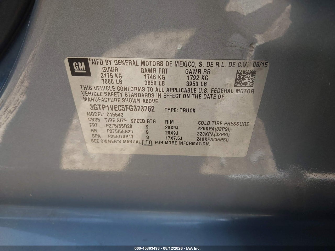 3GTP1VEC5FG****** · 2015 GMC SIERRA 1500 SLT · 9/11