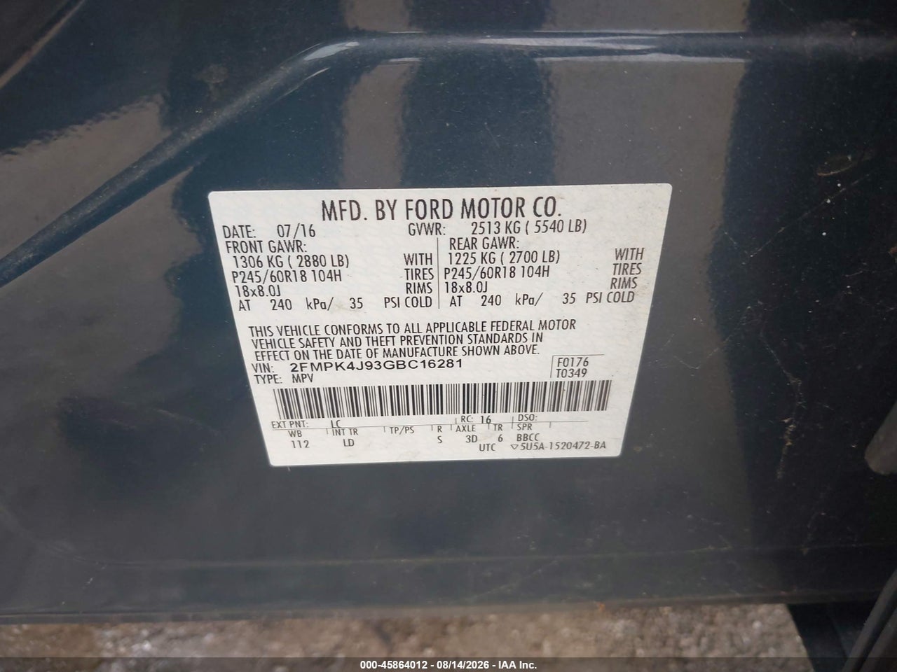 2FMPK4J93GB****** · 2016 FORD EDGE SEL · 9/10