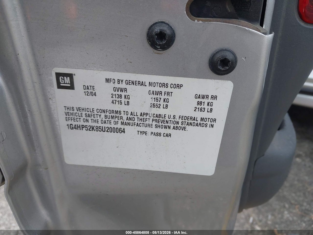 1G4HP52K85U****** · 2005 BUICK LESABRE CUSTOM · 9/11