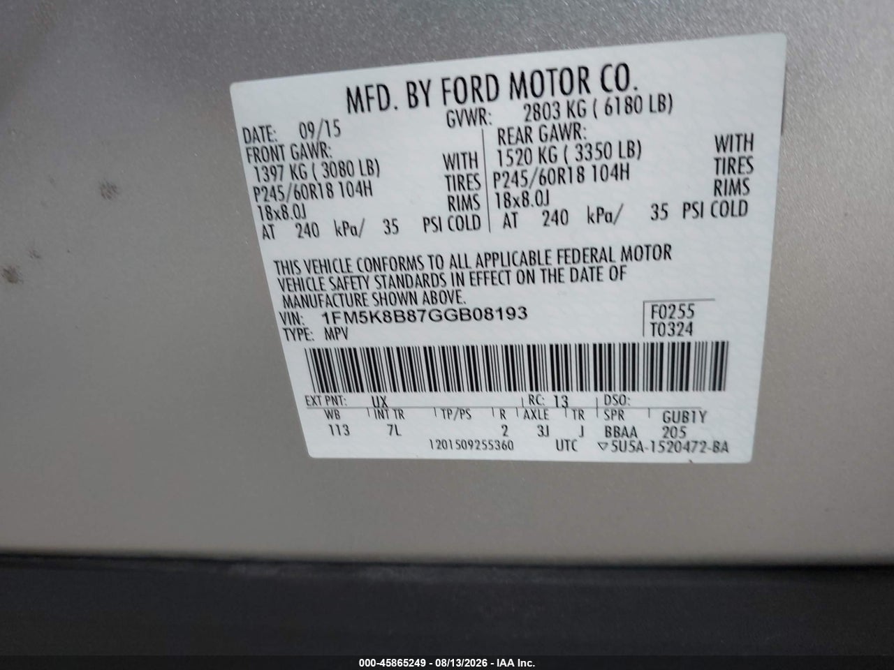 1FM5K8B87GG****** · 2016 FORD EXPLORER   · 9/11