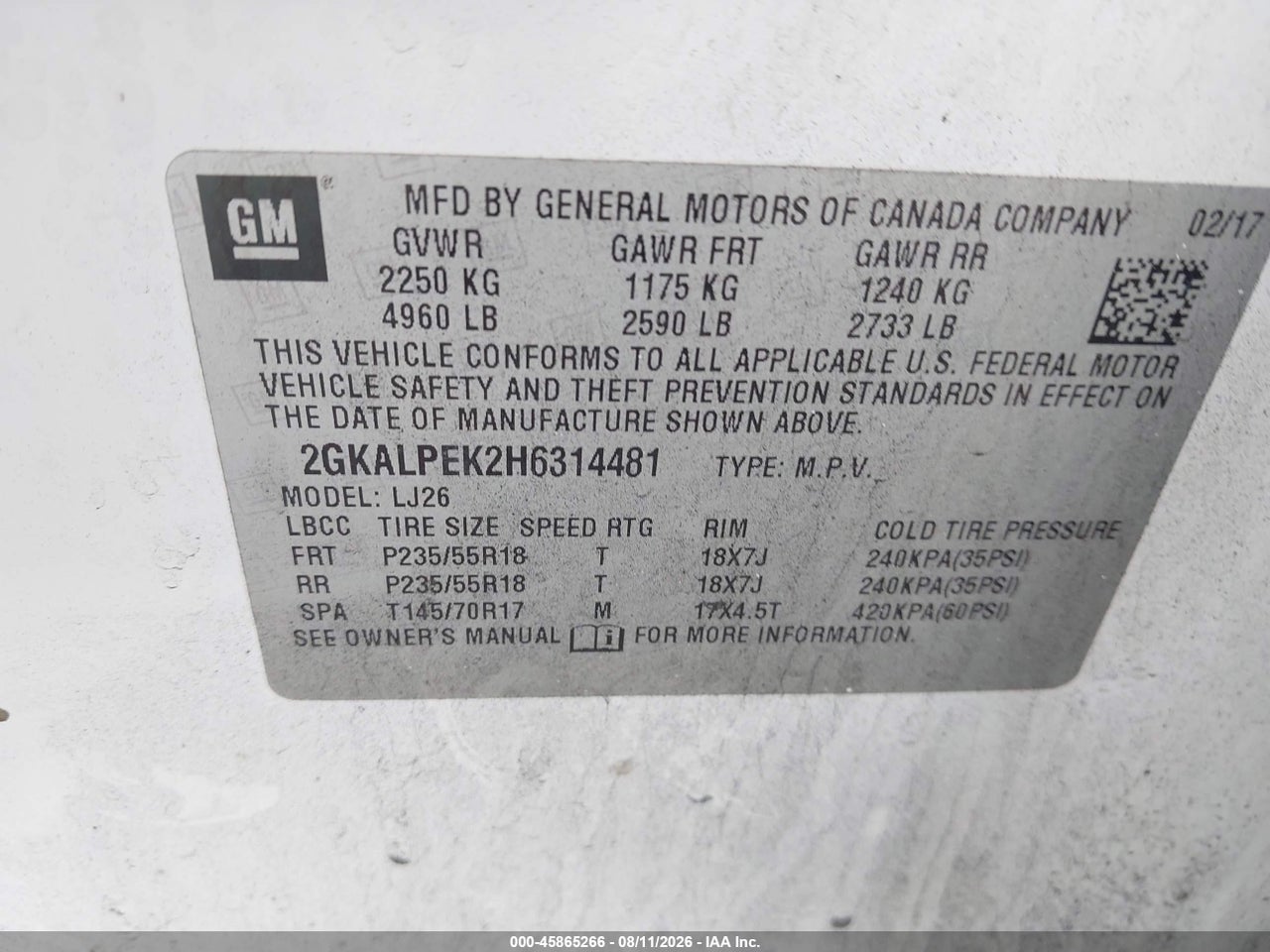 2GKALPEK2H6****** · 2017 GMC TERRAIN SLT · 9/11