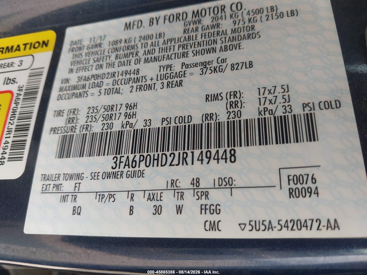 3FA6P0HD2JR****** · 2018 FORD FUSION SE · 9/11