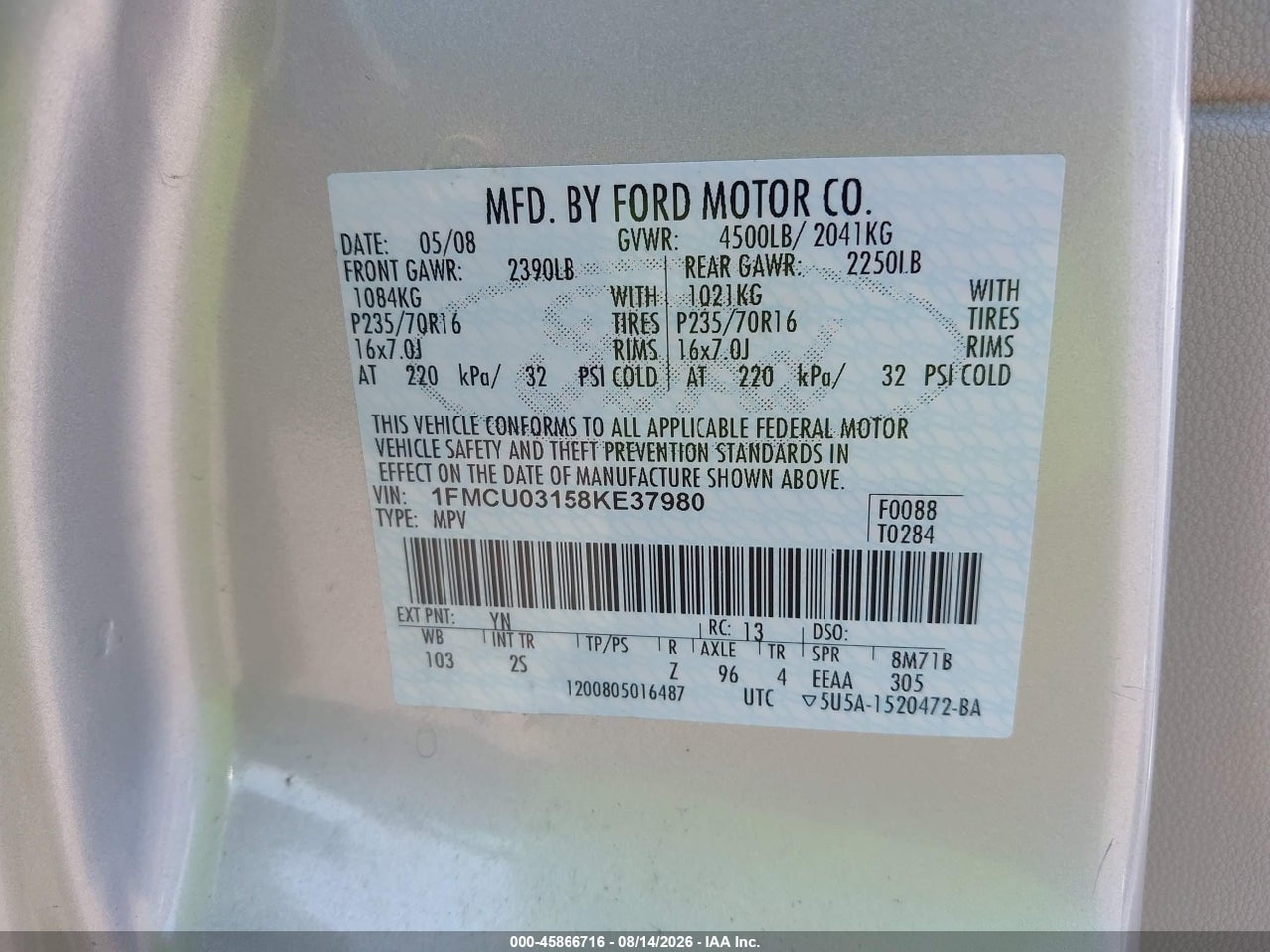 1FMCU03158K****** · 2008 FORD ESCAPE XLT · 9/11