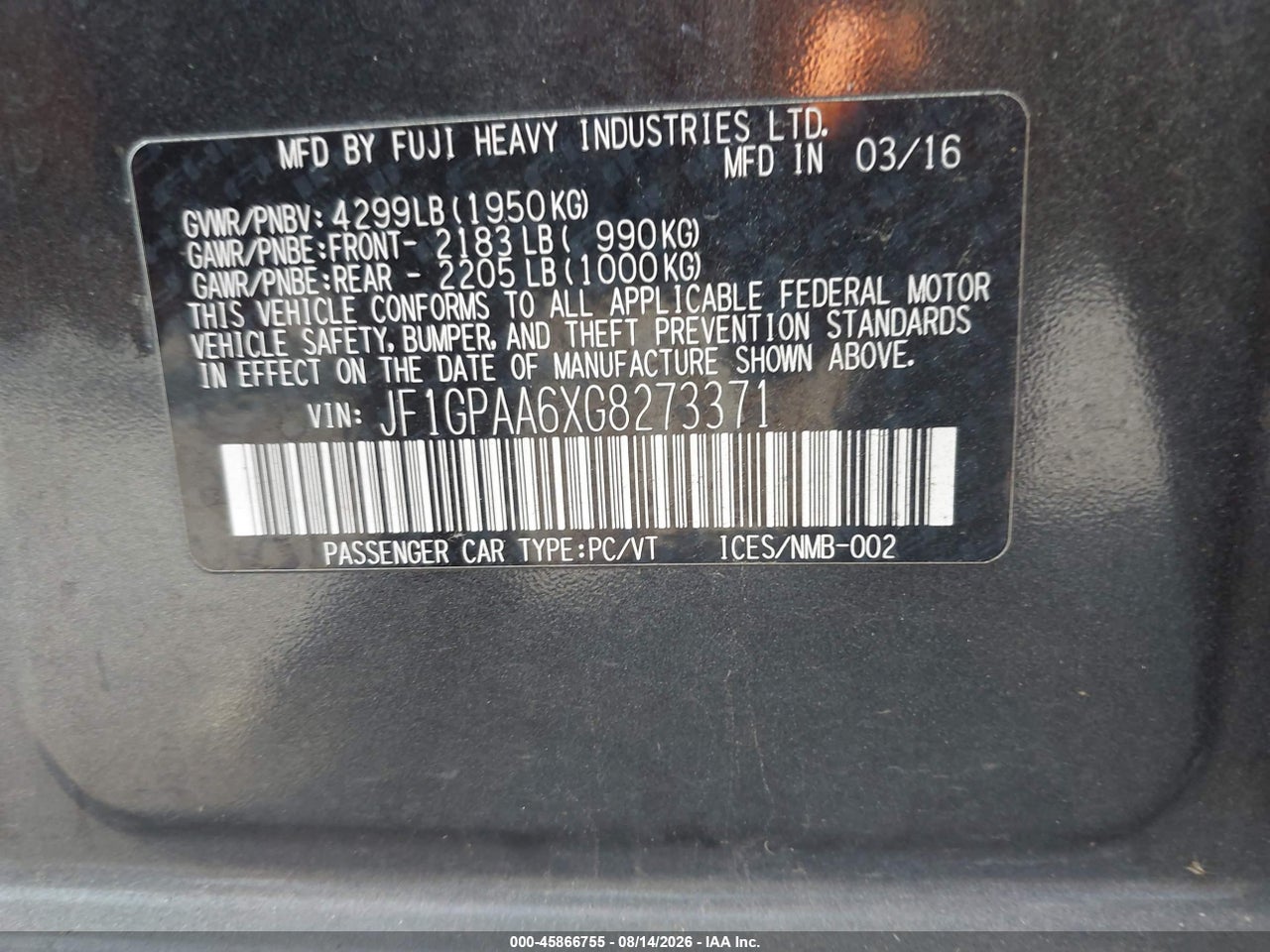 JF1GPAA6XG8****** · 2016 SUBARU IMPREZA 2.0I · 9/11