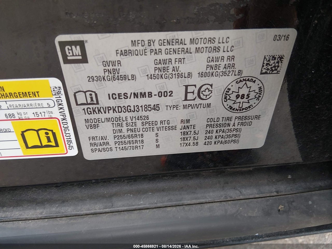 1GKKVPKD3GJ****** · 2016 GMC ACADIA SLE2 · 9/11