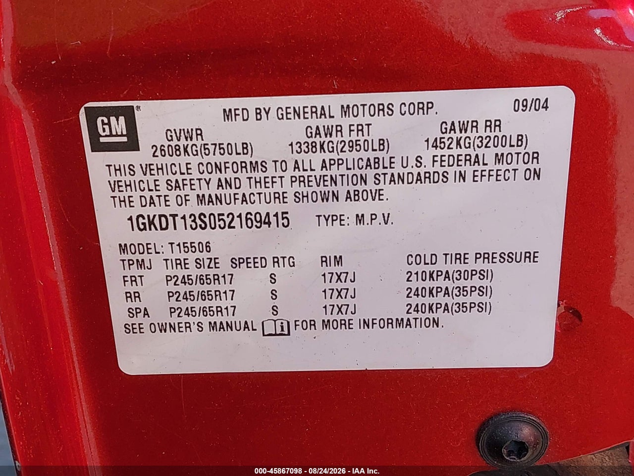 1GKDT13S052****** · 2005 GMC ENVOY SLE · 9/11