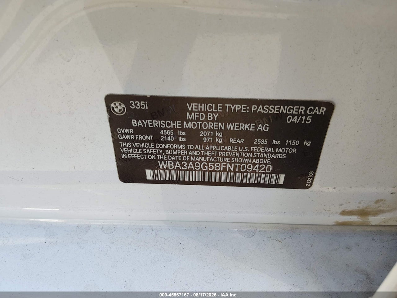 WBA3A9G58FN****** · 2015 BMW 335I   · 9/11