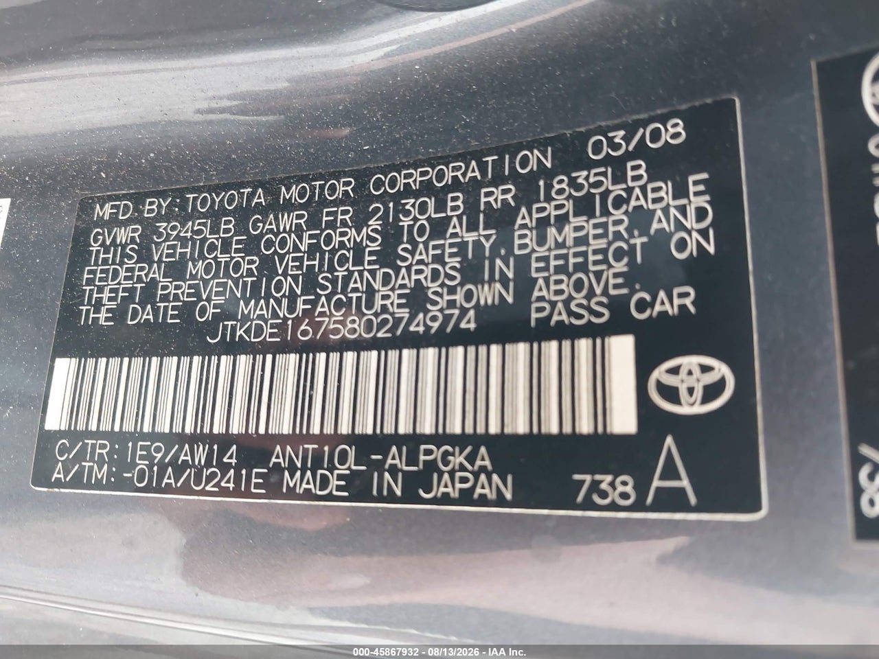 JTKDE167580****** · 2008 SCION TC · 9/11