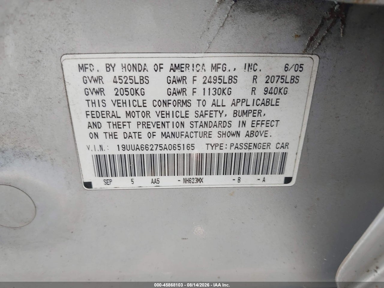 19UUA66275A****** · 2005 ACURA TL   · 9/11