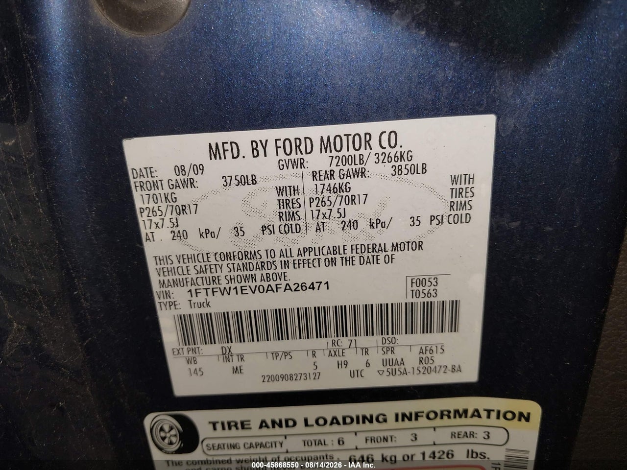 1FTFW1EV0AF****** · 2010 FORD F-150 FX4/HARLEY-DAVIDSON/KING RANCH/LARIAT/PLATINUM/XL/XLT · 9/11