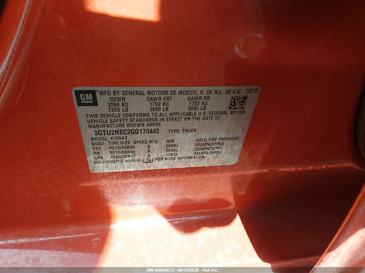3GTU2NEC2GG****** · 2016 GMC SIERRA 1500 SLT · 9/10