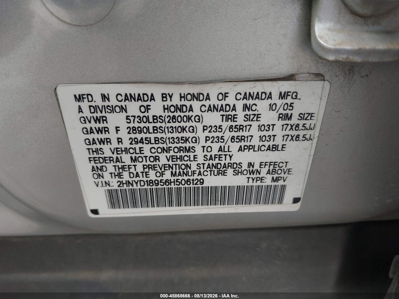2HNYD18956H****** · 2006 ACURA MDX · 9/11