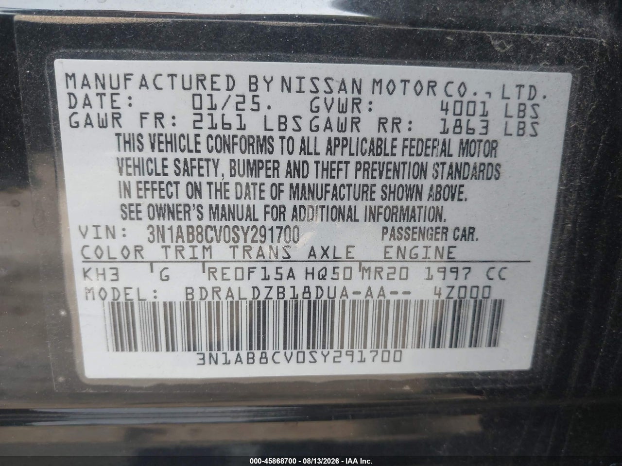 3N1AB8CV0SY****** · 2025 NISSAN SENTRA SV · 9/11