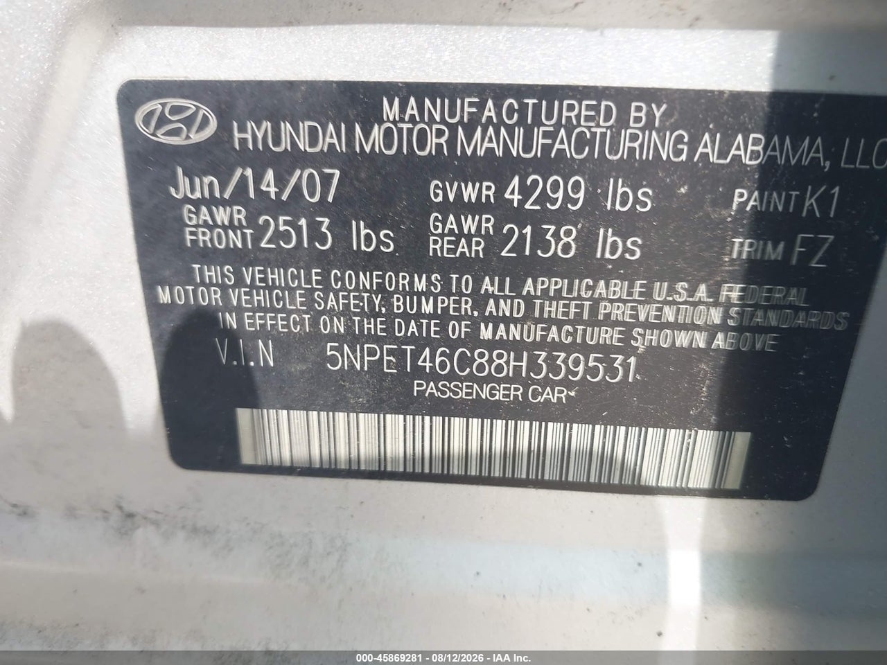 5NPET46C88H****** · 2008 HYUNDAI SONATA GLS · 9/11