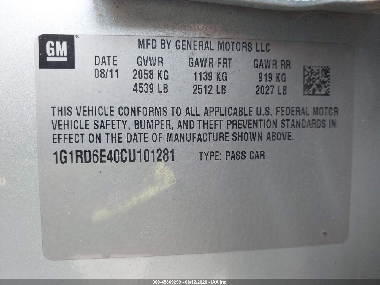 1G1RD6E40CU****** · 2012 CHEVROLET VOLT   · 9/11