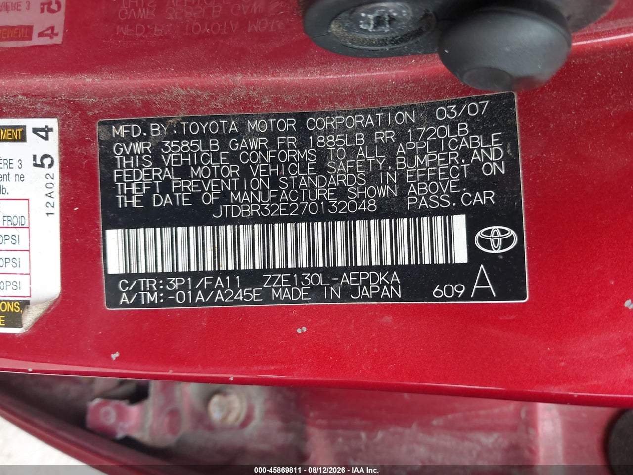 JTDBR32E270****** · 2007 TOYOTA COROLLA CE · 9/11