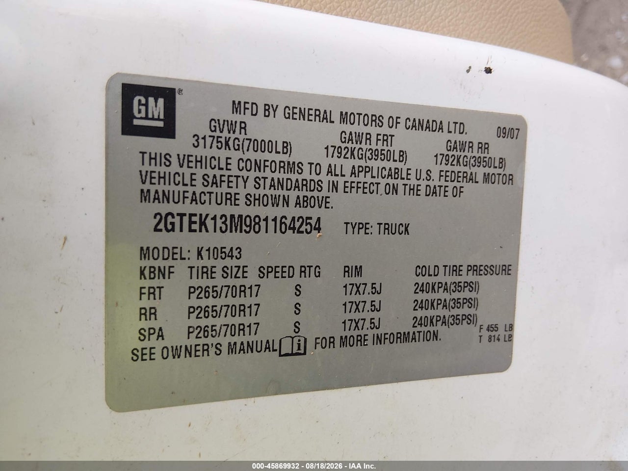 2GTEK13M981****** · 2008 GMC SIERRA 1500 SLT · 9/11