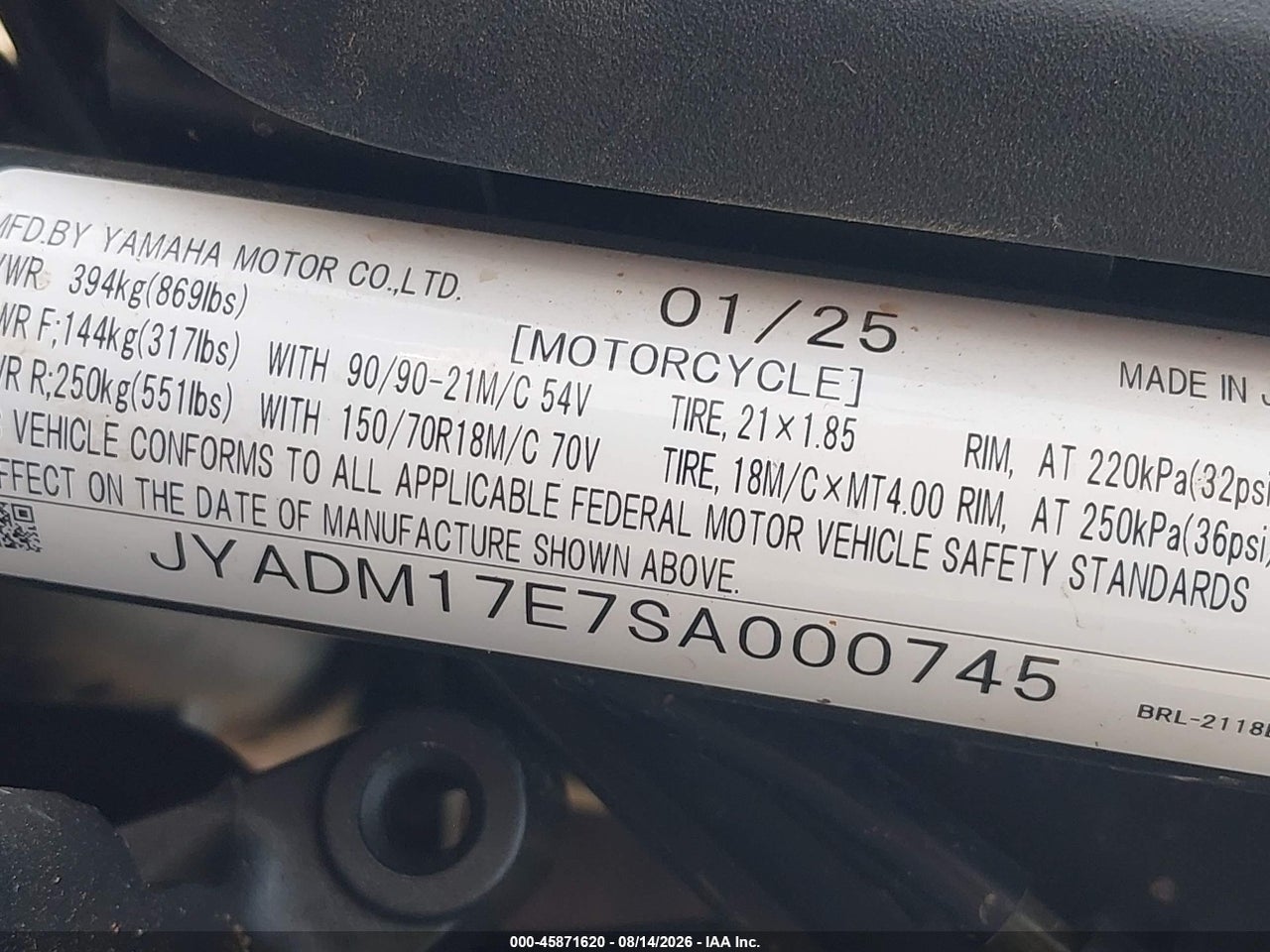 JYADM17E7SA****** · 2025 YAMAHA XTZ690   · 10/10
