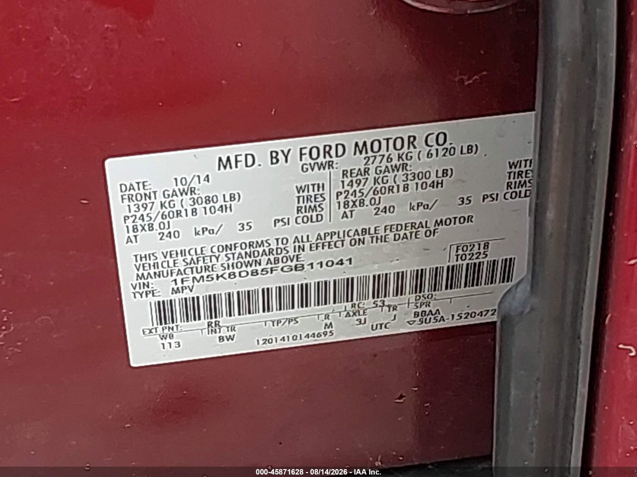 1FM5K8D85FG****** · 2015 FORD EXPLORER XLT · 9/11