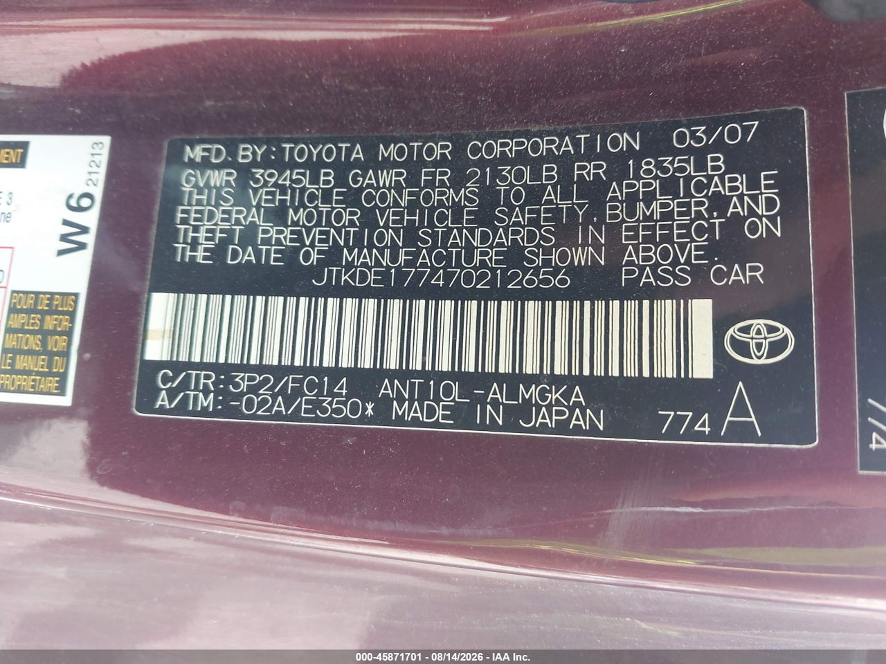 JTKDE177470****** · 2007 SCION TC   · 9/11
