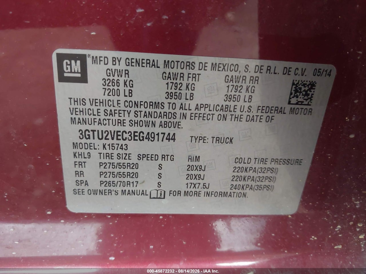 3GTU2VEC3EG****** · 2014 GMC SIERRA 1500 SLT · 9/11