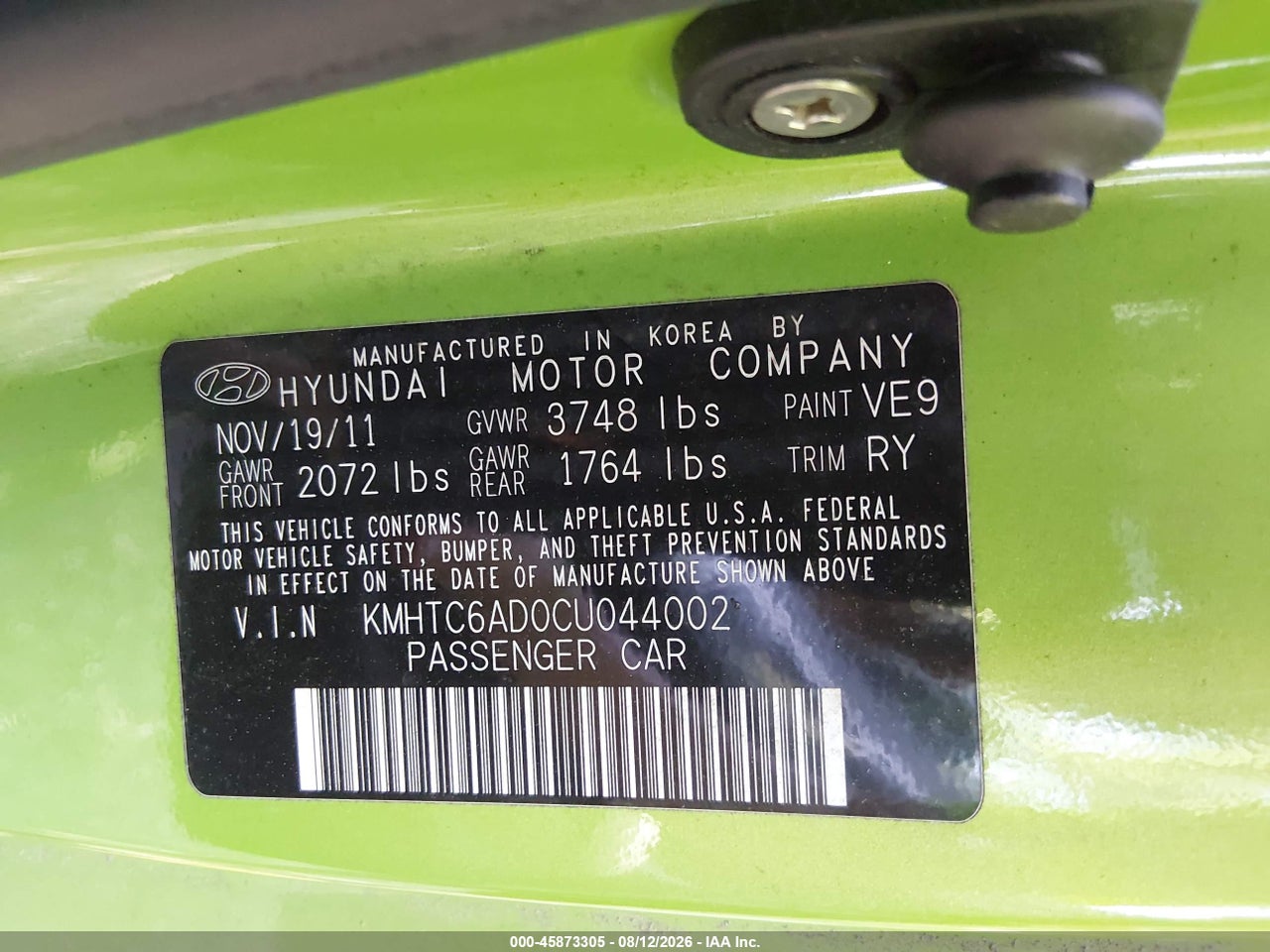 KMHTC6AD0CU****** · 2012 HYUNDAI VELOSTER BASE W/BLACK · 9/11