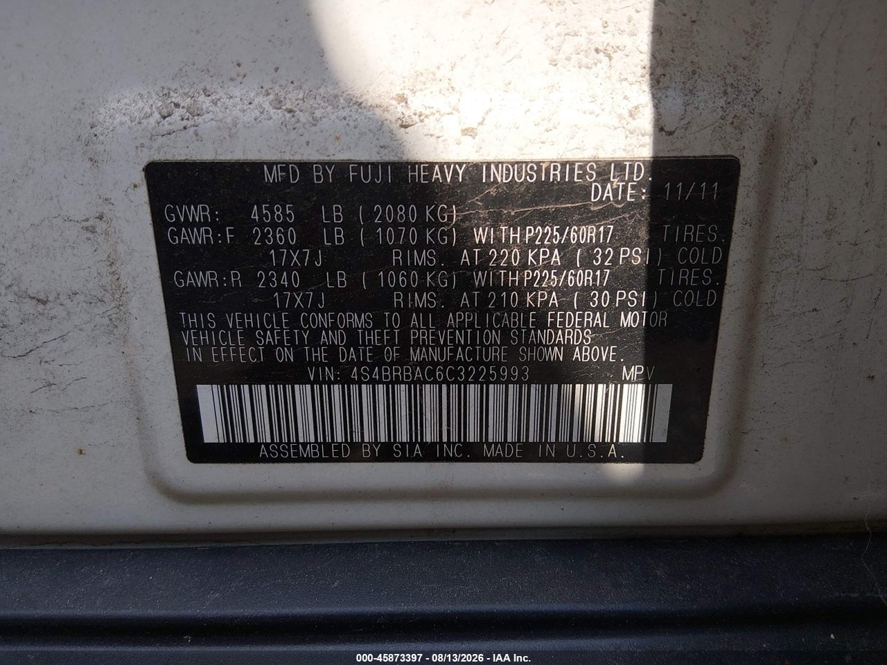 4S4BRBAC6C3****** · 2012 SUBARU OUTBACK 2.5I · 9/11