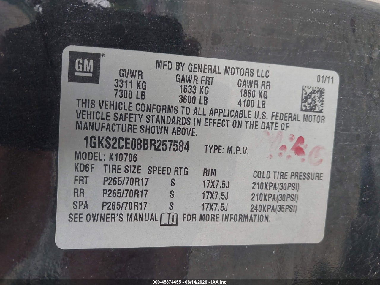 1GKS2CE08BR****** · 2011 GMC YUKON SLT · 9/11