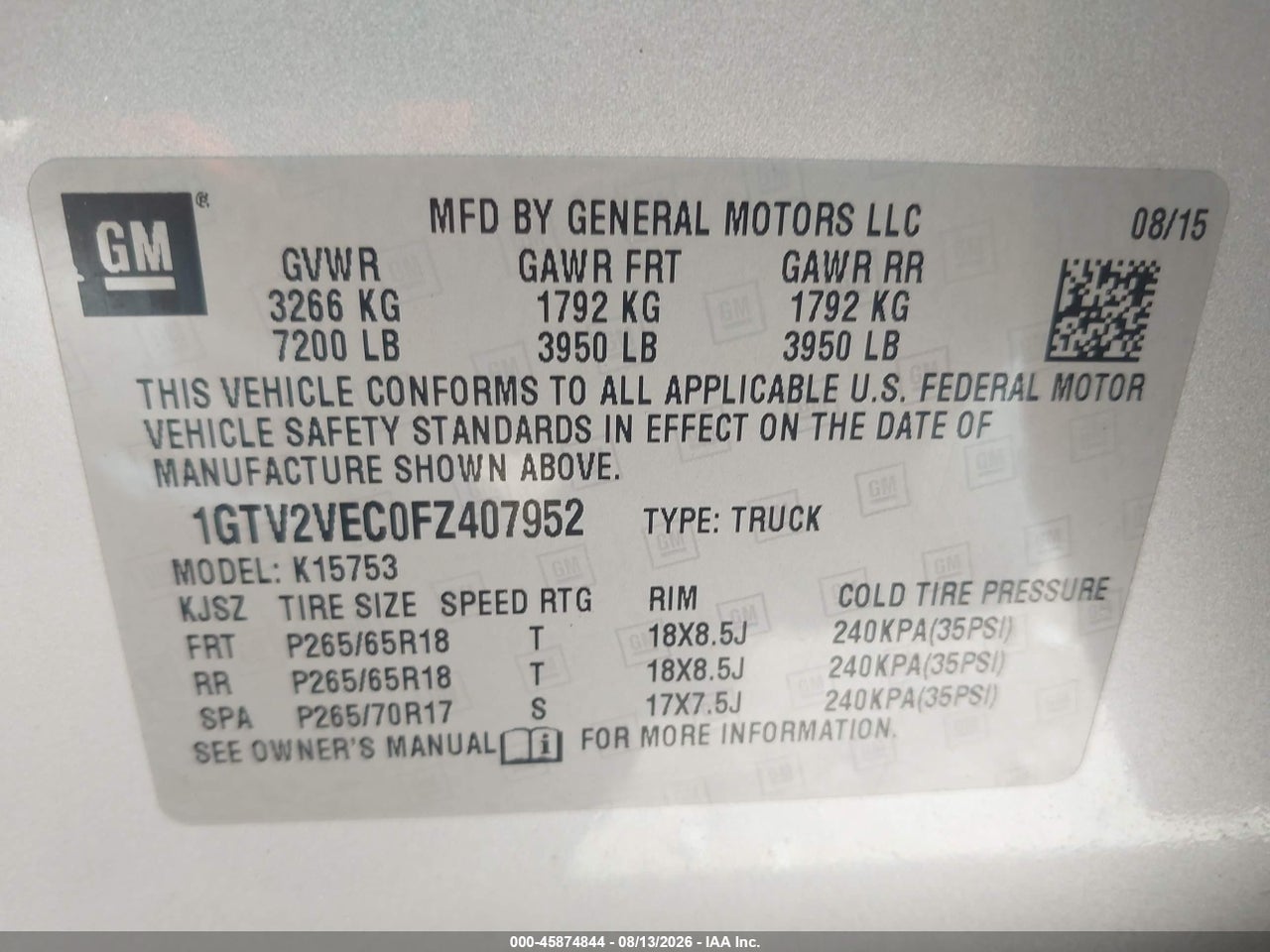 1GTV2VEC0FZ****** · 2015 GMC SIERRA 1500 SLT · 9/11